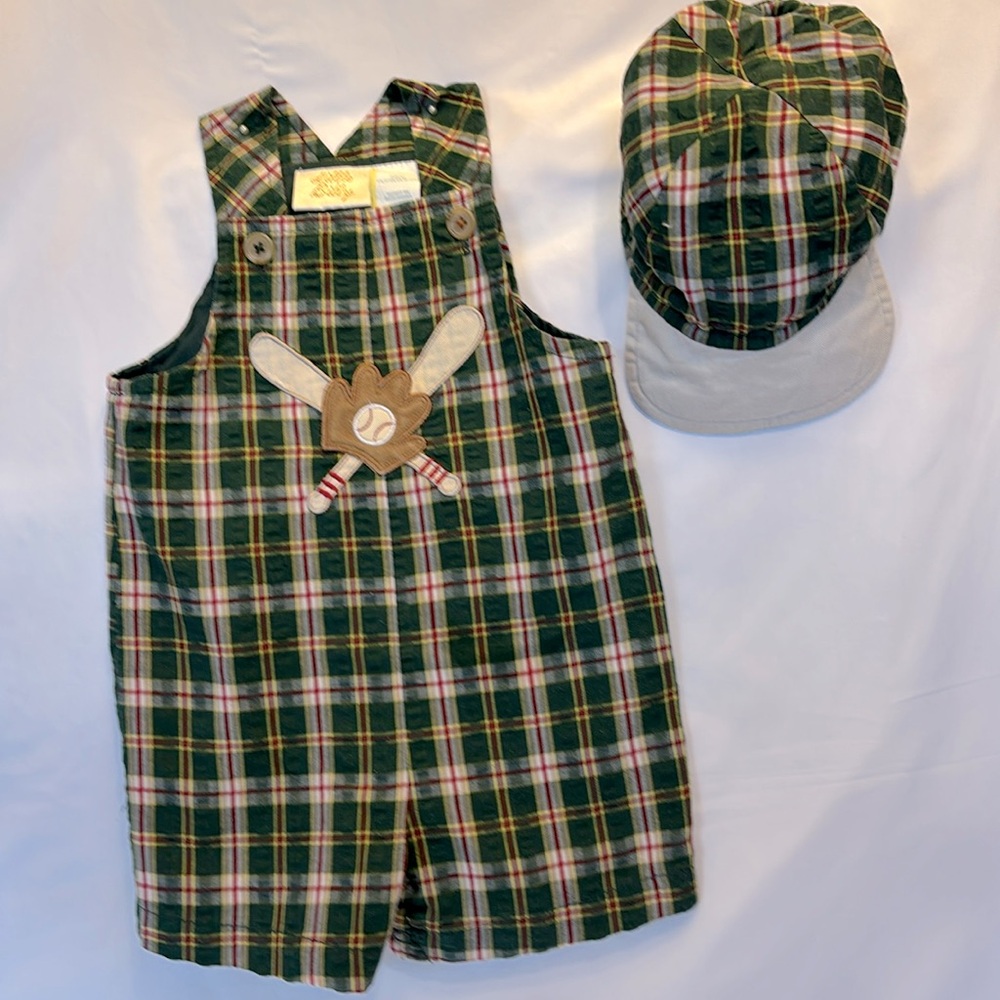 VINTAGE LITTLE BILLY Gently Worn Set Overalls Green/Cream Baseball Cap- 6-9 Mos